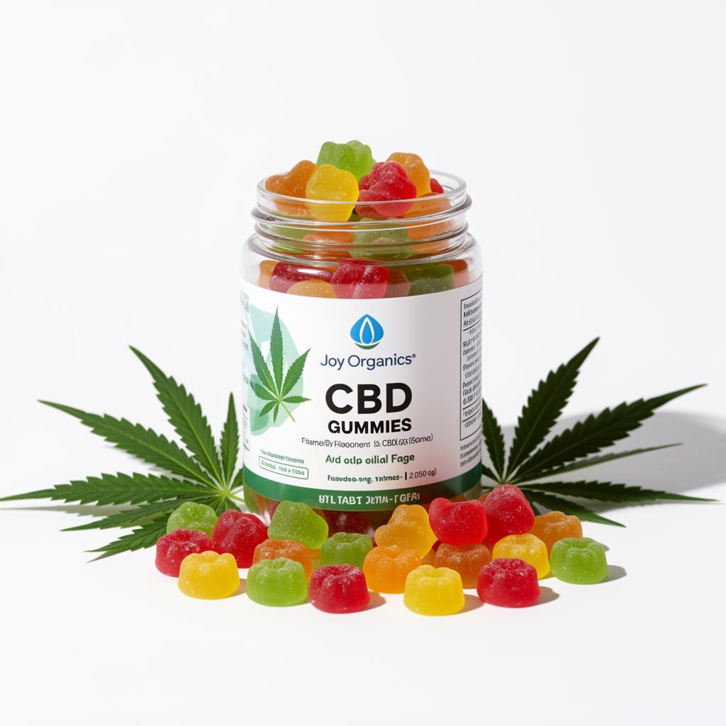 Joy Organics CBD Gummies jar with fruit gummies and hemp leaves